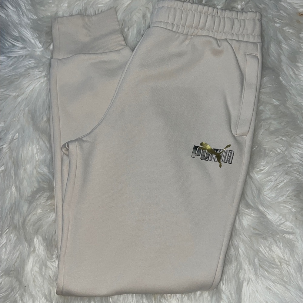 Puma Off-White Joggers with Gold Logo
